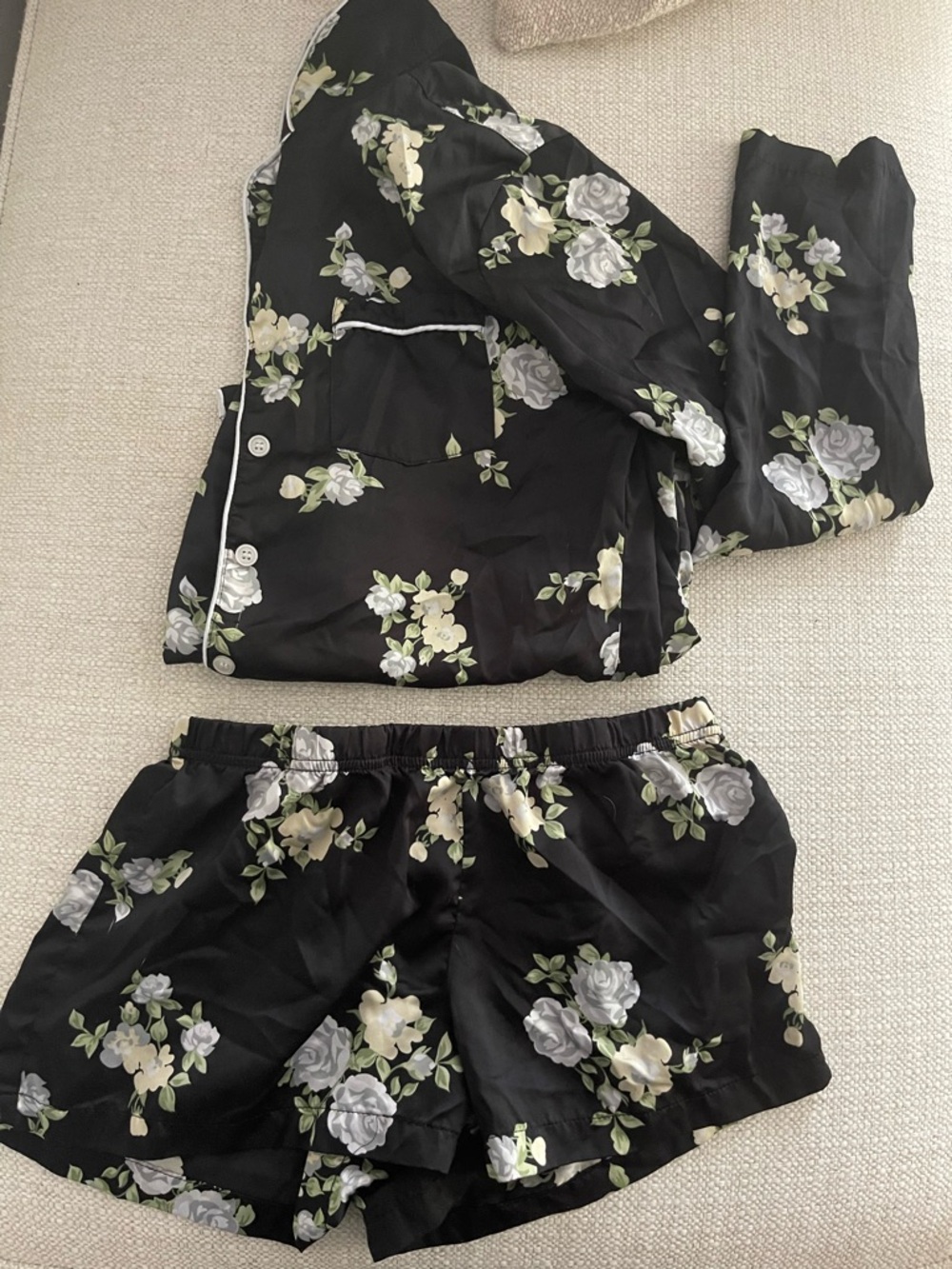 Black Floral Satin Pajama Set - Two-Piece Shorts & Long Sleeve Top